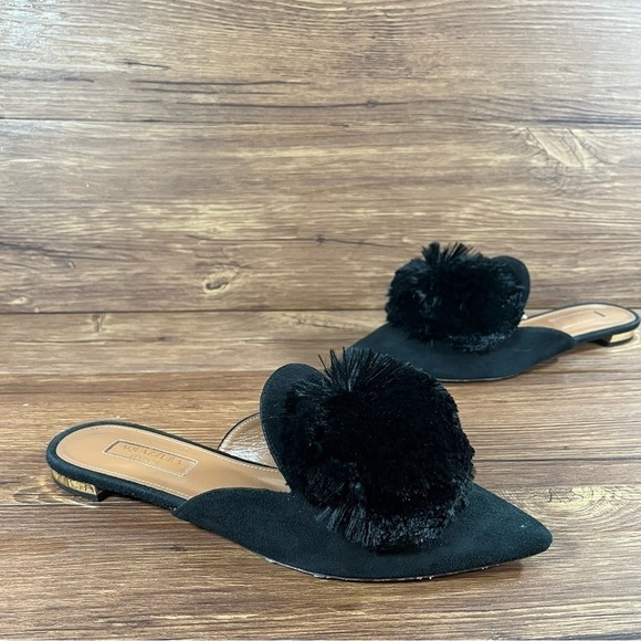 Aquazzura Black Pom Pom Slip-On Miles Flats Women’s Size 6 (36) - Picture 7 of 9